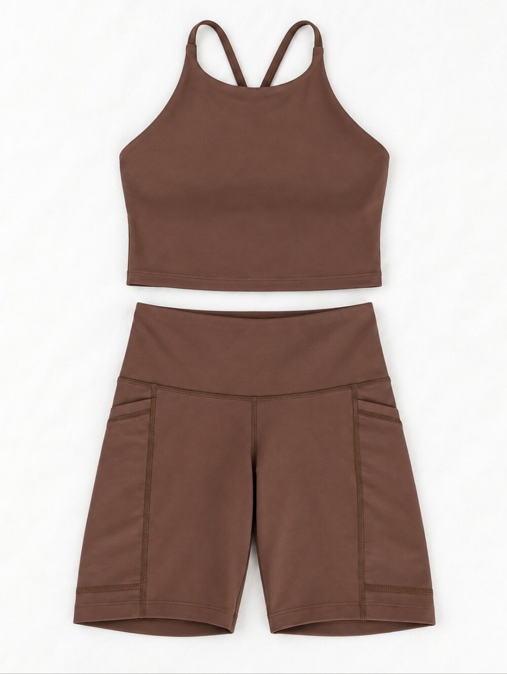 Old Navy Active PowerSoft Set Brown Small Bike Shorts + Medium Crop Tank